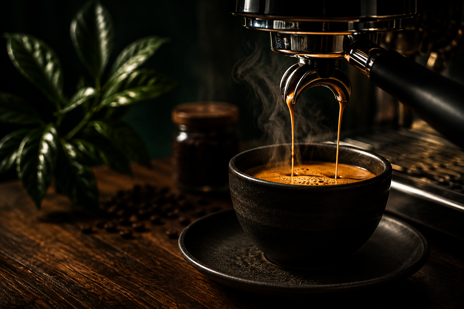 Espresso extracting into a black ceramic cup on a wooden counter